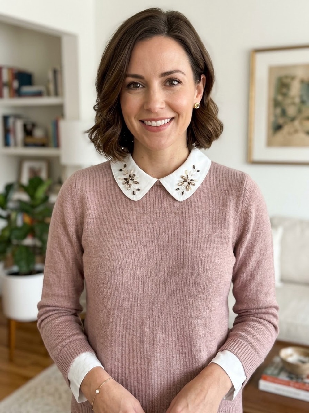 Ivanka Trump Dusty Rose Sweater with Embellished White Peter Pan Collar